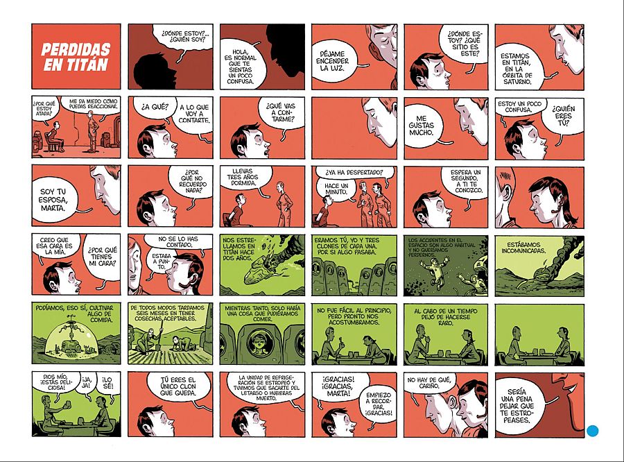 Viñetas de un cómic mostrando una conversación entre un hombre amnésico y una mujer que le explica su situación en un planeta lejano tras un accidente.