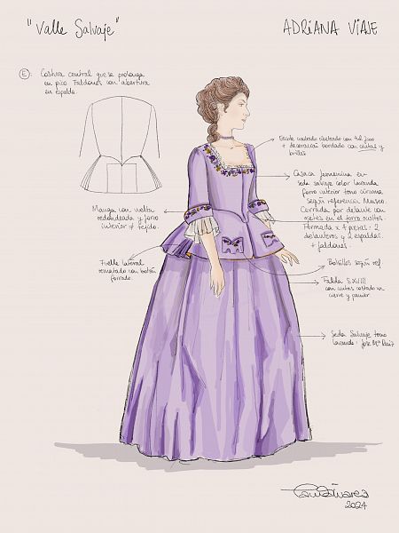 Diseño de vestido largo lavanda con casaca ajustada y falda amplia de seda salvaje. Detalles: escote cuadrado, mangas con vuelta, costuras laterales y abertura trasera en la falda.