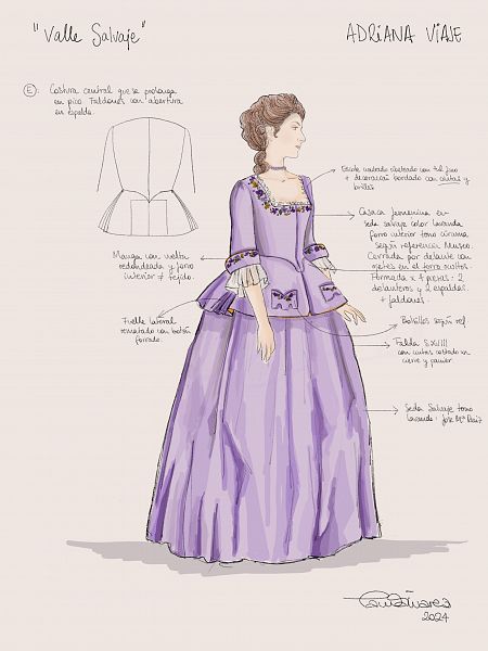 Diseño de vestido largo lavanda con casaca ajustada y falda amplia de seda salvaje.  Detalles: escote cuadrado, mangas con vuelta, costuras laterales y abertura trasera en la falda.