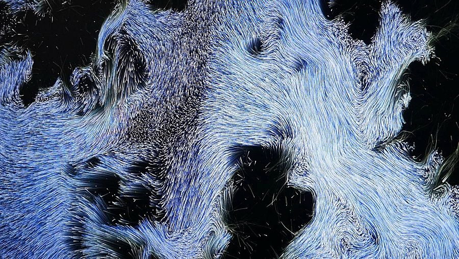 Patrón abstracto con líneas azules y blancas que sugieren movimiento acuático. Obra de Theresa Schubert, titulada 'Glacier Trilogy - Part 3'.