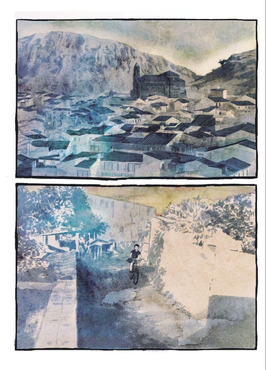 Viñetas de cómic: vista panorámica de pueblo montañoso con tonos fríos y escena callejera con niño en bicicleta, tonos cálidos.
