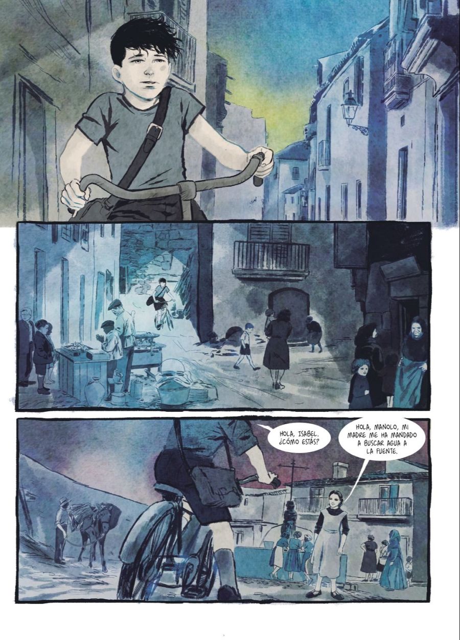 Cómic con tres viñetas: un niño en bici, una escena de mercado y un encuentro entre dos niños, uno en bici y una niña con vestido claro, que intercambian un breve diálogo.