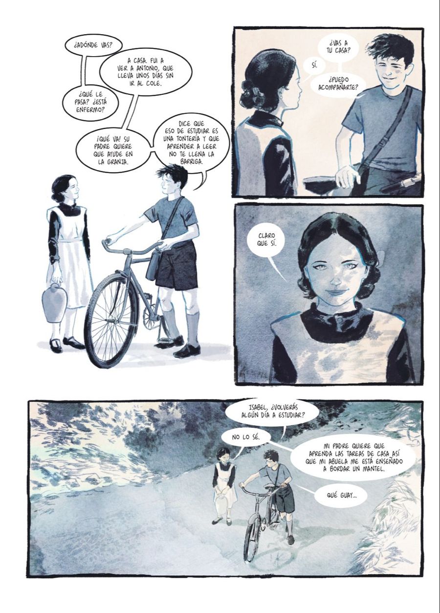 Viñetas de un cómic mostrando una conversación entre dos niños, uno de los cuales comenta la situación de un amigo enfermo y la falta de escolarización.  Se observa un paisaje rural y la bicicleta del niño.