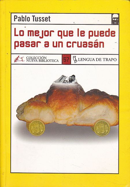 Ilustración surrealista de un cruasán-coche con dos personas encima, portada del libro 