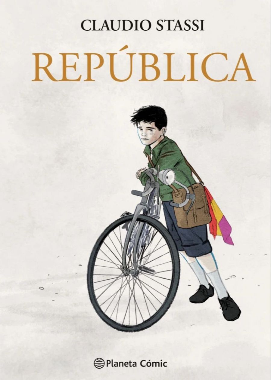 Niño triste empujando una bicicleta con una pequeña bandera republicana española. Portada del cómic 