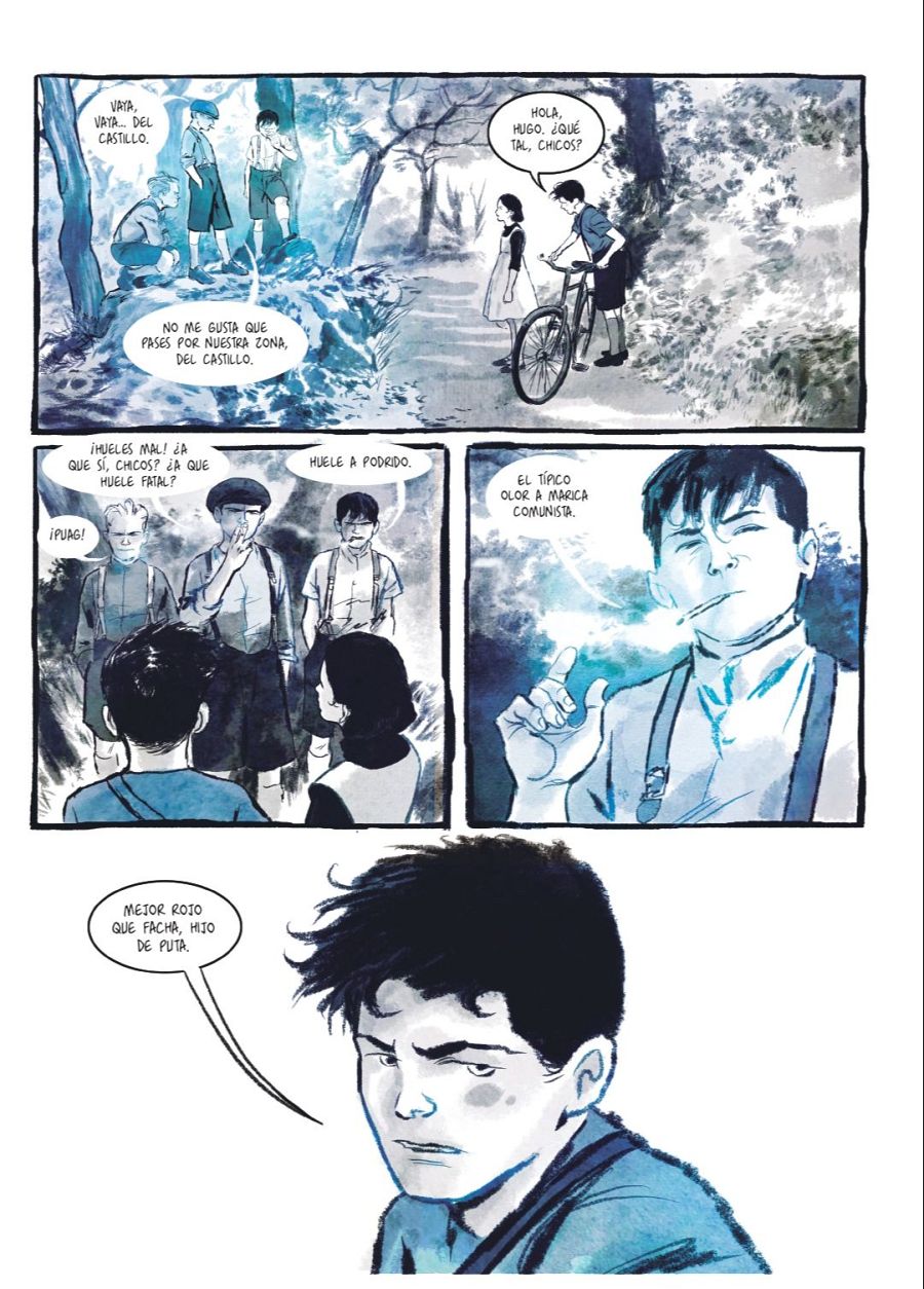 Cinco viñetas de un cómic muestran escenas con jóvenes, diálogos y pensamientos que reflejan una confrontación ideológica con lenguaje vulgar y ofensivo.