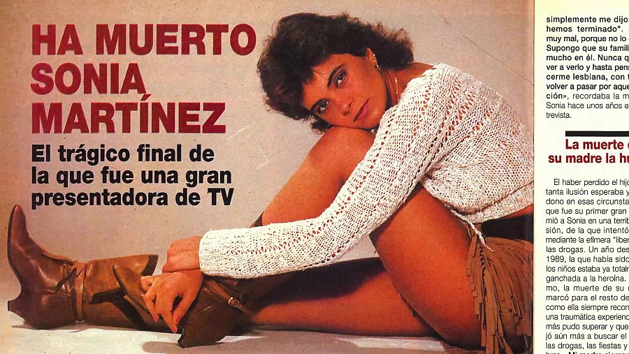 Anuncio necrológico de Sonia Martínez (1994).  Foto de la presentadora y texto sobre su vida, incluyendo su carrera televisiva y problemas personales.