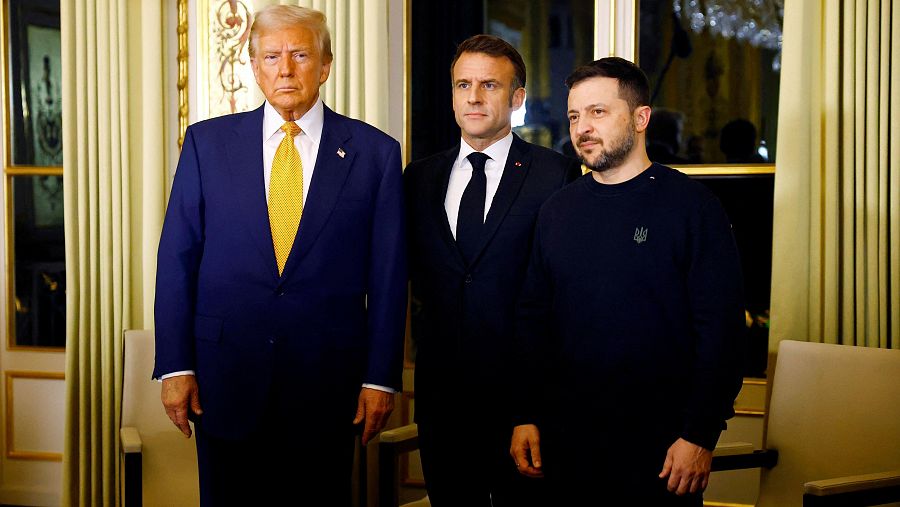 Donald Trump, Emmanuel Macron y Volodímir Zelenski reunidos en el Elíseo