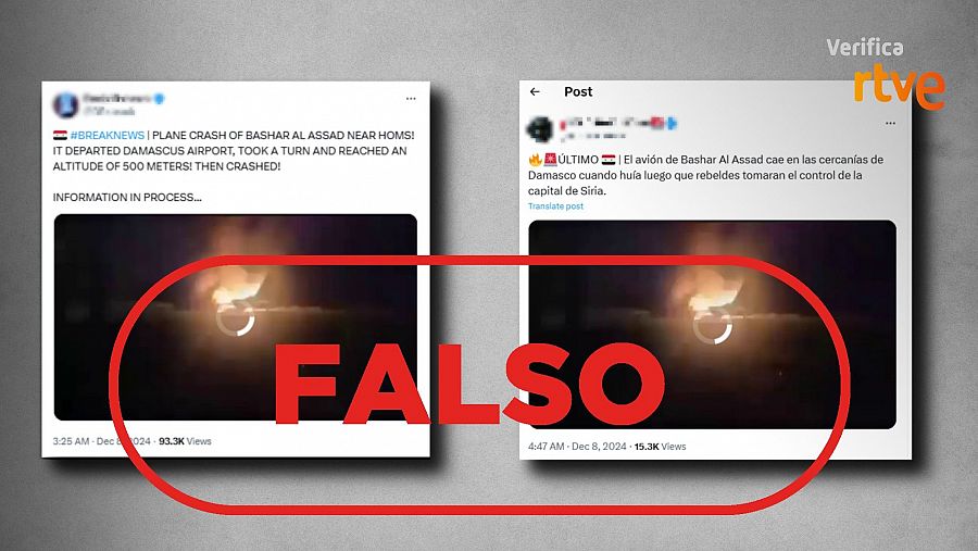RTVE Verifica desmiente la falsa noticia de un accidente aéreo, mostrando un vídeo de un objeto en llamas como prueba de la falsedad de la información.