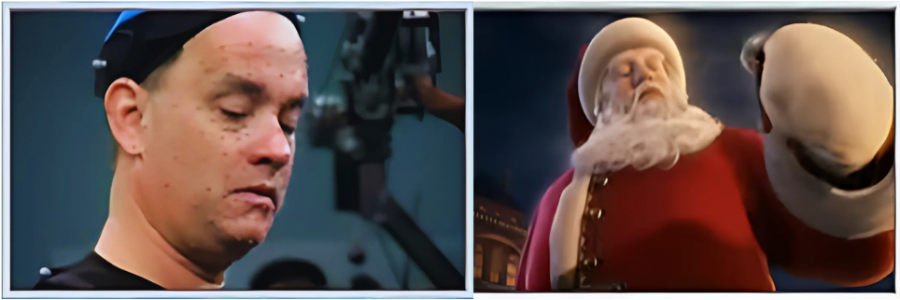 Captura de movimiento de Tom Hanks interpretando a Papá Noel en *Polar Express*.  Se ve a Hanks con marcadores faciales y a Papá Noel en pose dinámica.