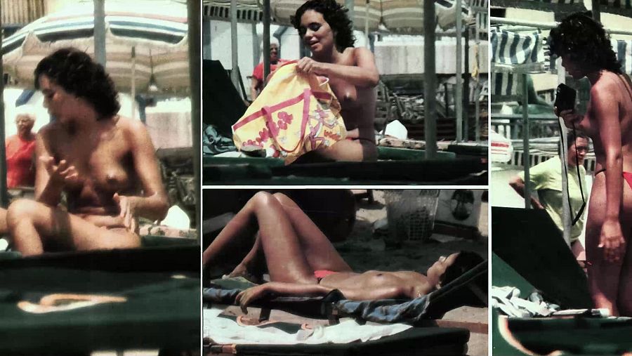 Cuatro fotos de una mujer en topless en la playa, en diferentes poses: sentada, tumbada, de pie y con un bolso amarillo y un bikini rojo.