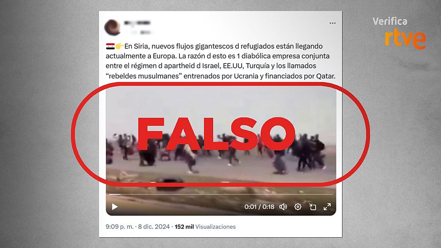 Mensaje de X que difunde la falsa idea de que este vídeo muestra a refugiados sirios 'llegando actualmente a Europa'