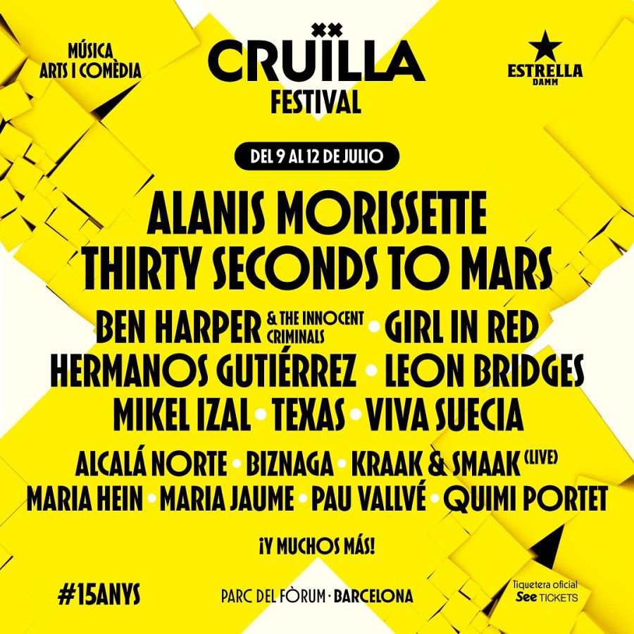 Cartel del 15 aniversario del festival Cruïlla (9-12 julio): Alanis Morissette, Thirty Seconds to Mars, Ben Harper y más artistas.