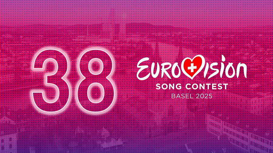 Anuncio del Festival de Eurovisión 2025 en Basel, con 38 países participantes.  El logo incluye un corazón con la cruz suiza.