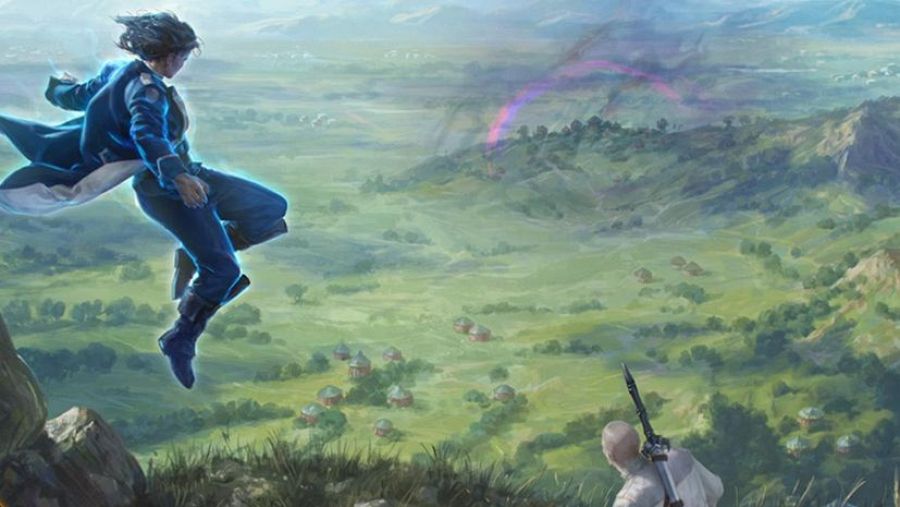 Hombre con lanza observa paisaje montañoso; otro personaje flota en el aire sobre un valle con estructuras rojizas en el fondo.