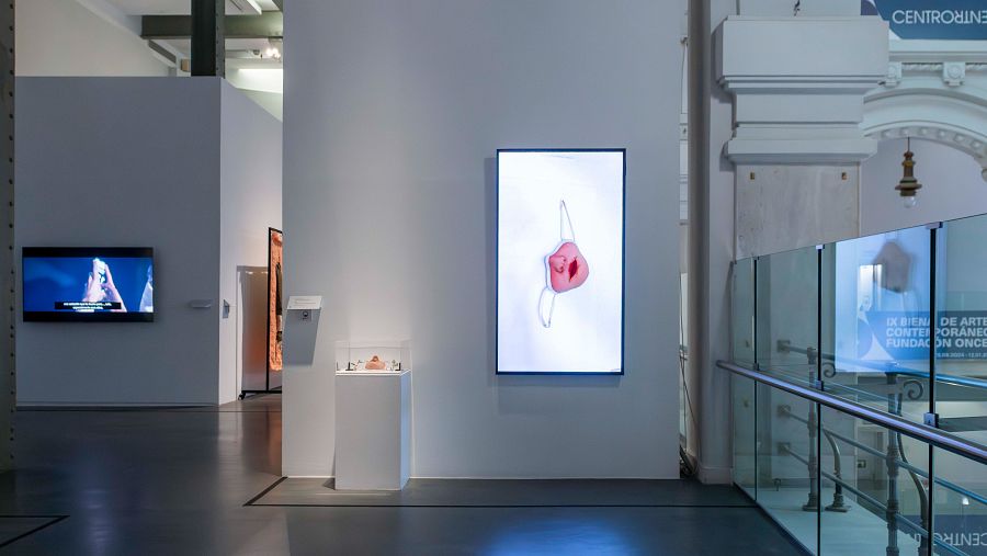 Exposición de una mascarilla hiperrealista rosa, con detalles de la obra y el artista (Filip Custic, 2022), complementada por otras pantallas y vitrinas.