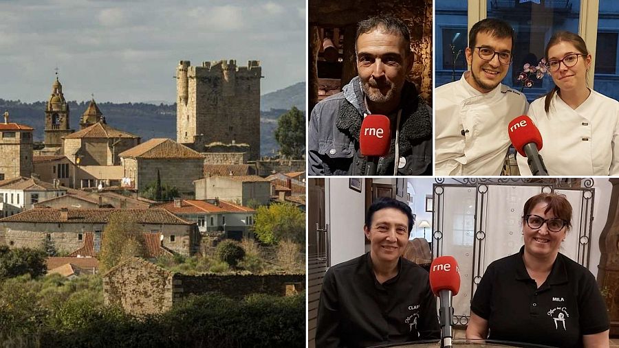 Vista panorámica de un pueblo con castillo y tres secciones con personas usando micrófonos de RNE, aparentemente en una entrevista.