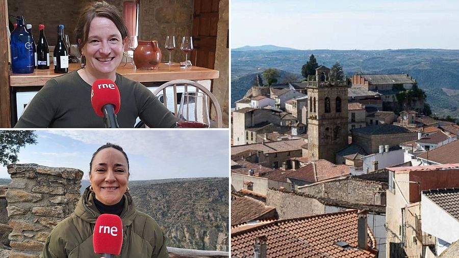 Tres escenas: presentadora en bar, otra en mirador, ambas con micrófonos RNE, y vista panorámica de pueblo español. Reportaje radiofónico de viajes.