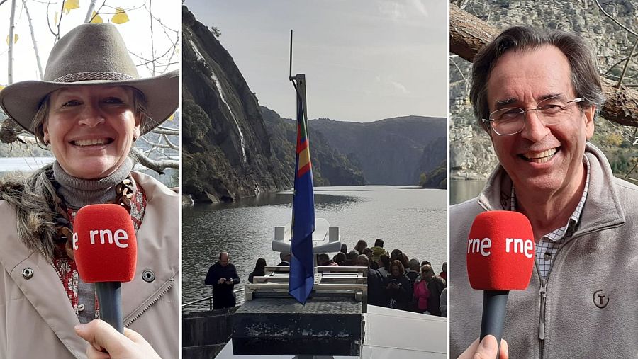 Periodistas de RNE sonriendo a cámara con micrófonos en un entorno natural; imagen de un barco en un río montañoso con cascada.