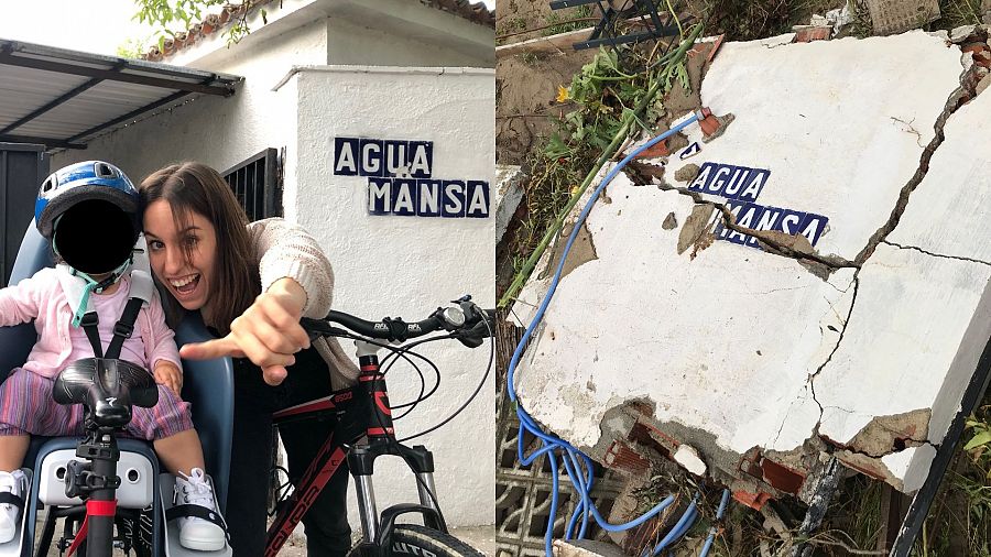 A la izquierda: Patricia y Matilde antes de la DANA. A la derecha: restos del muro tras la riada