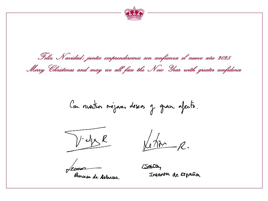 Felicitación navideña con mensajes en español e inglés,  firmada por Leonor Princesa de Asturias y Sofía Infanta de España. Desea Feliz Navidad y un año nuevo con confianza.