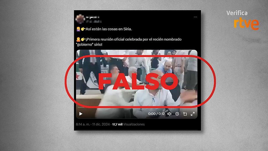 RTVE Verifica desmiente publicación en redes sociales que muestra un vídeo de una pelea como la primera reunión del gobierno sirio.  La publicación es marcada como FALSA.