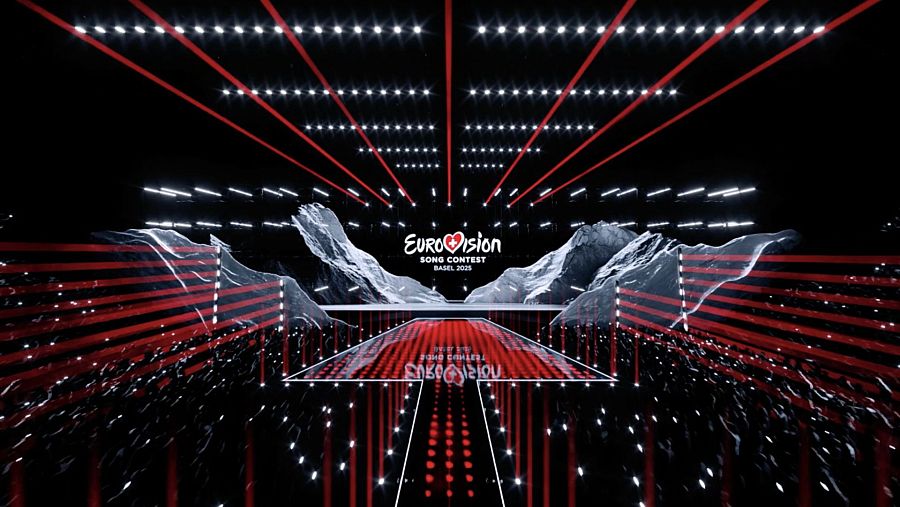Representación digital del escenario de Eurovisión 2025: plataforma con pasarela, logo 