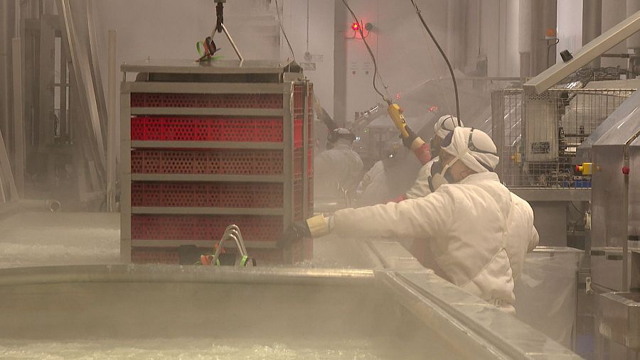 Contenedor metálico suspendido sobre un tanque con líquido, dos trabajadores con indumentaria protectora supervisan su descenso. Vapor visible.