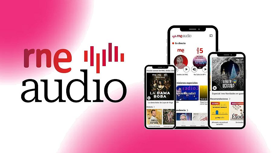 Interfaz de la app RNE Audio mostrando radio en directo, podcasts (