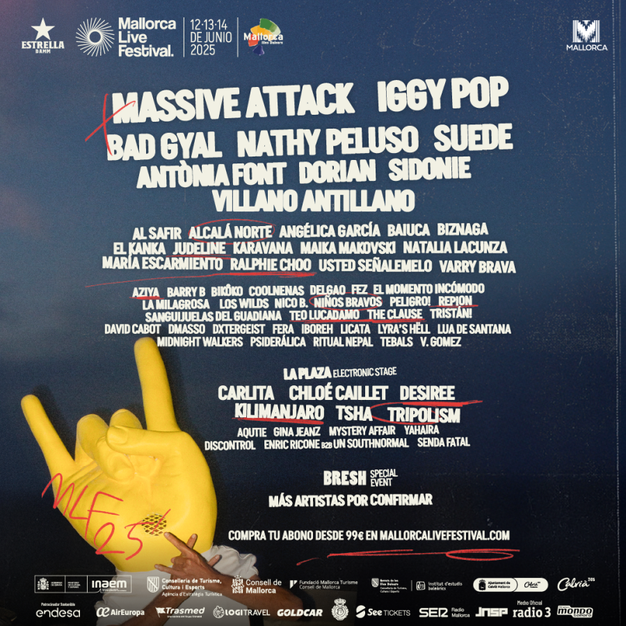 Cartel Mallorca Live Festival 2025 (12-14 junio): Massive Attack, Iggy Pop, Bad Gyal, y más.  Entradas desde 99€.