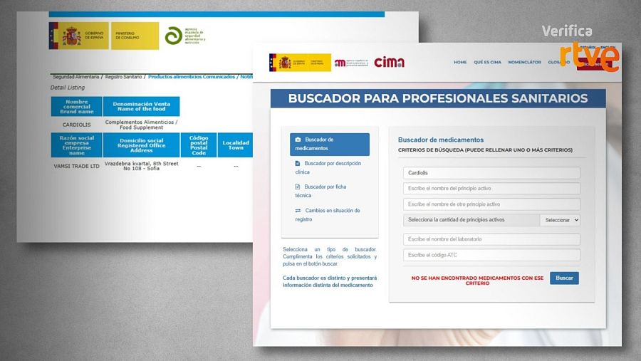 Capturas de pantalla mostrando información de un complemento alimenticio, CARDSOLZS, y un buscador de medicamentos con resultados negativos tras una búsqueda, posiblemente relacionada con el complemento.
