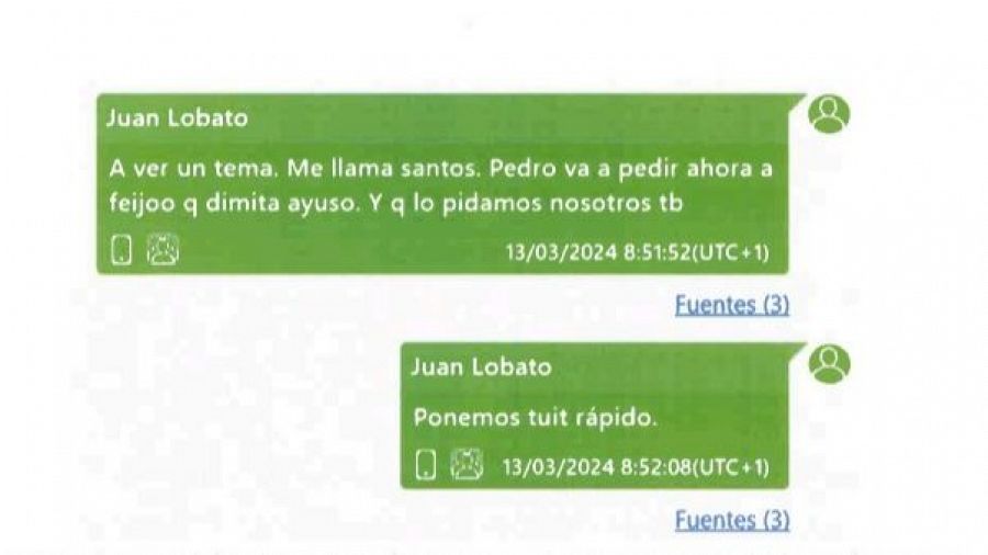 Dos mensajes de texto: uno sobre una posible petición de dimisión, el otro sugiriendo un tuit rápido.  Enviados el 13 de marzo de 2024.