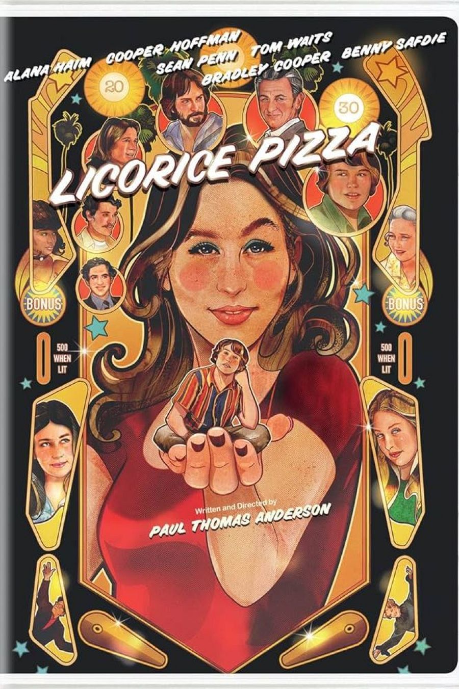 Cartel de 'Licorice Pizza' estilo pinball: Alana Haim, sonriente, sostiene una miniatura de Cooper Hoffman.  Actores del reparto y puntuaciones de juego aparecen alrededor.
