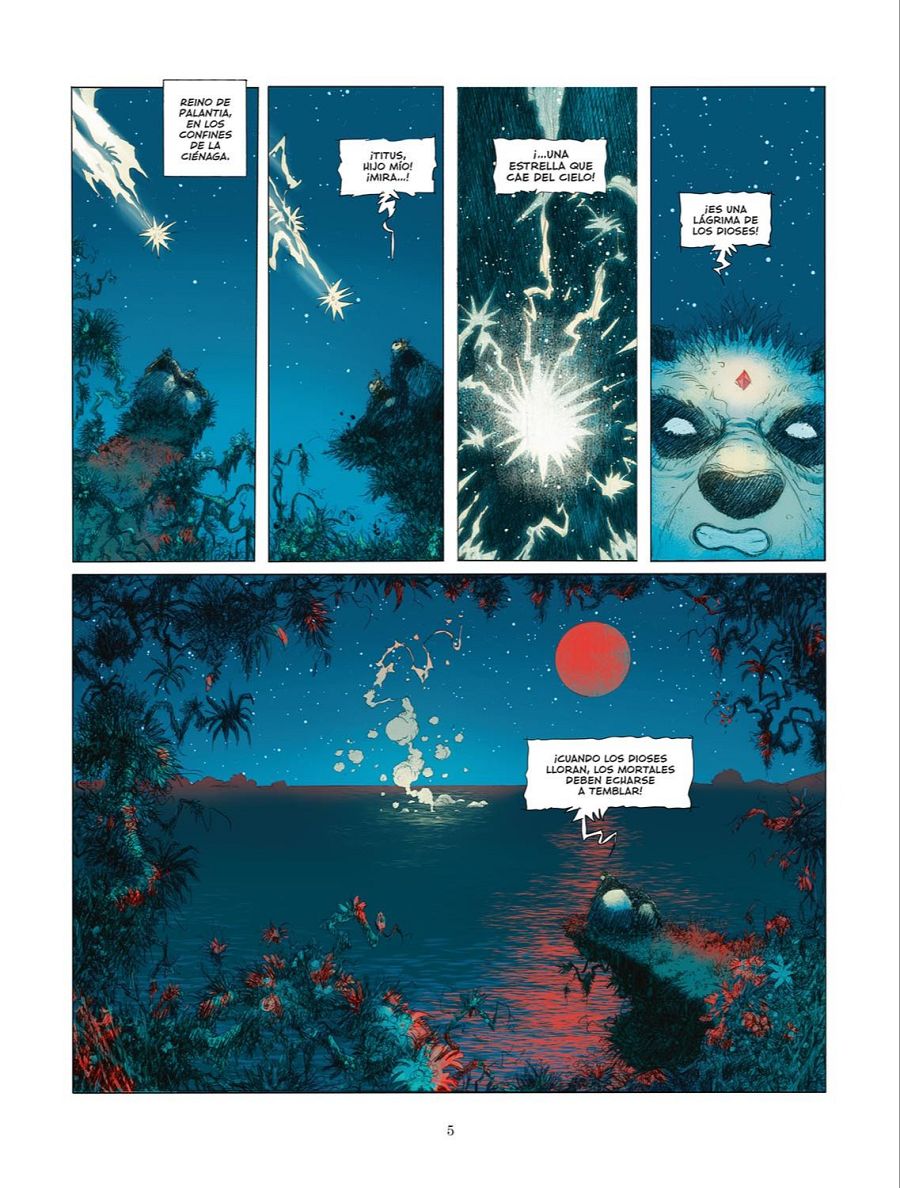 Cuatro viñetas de cómic muestran una estrella fugaz, un panda que la interpreta como una lágrima divina, y un paisaje nocturno con luna roja, finalizando con una advertencia sobre el llanto de los dioses.