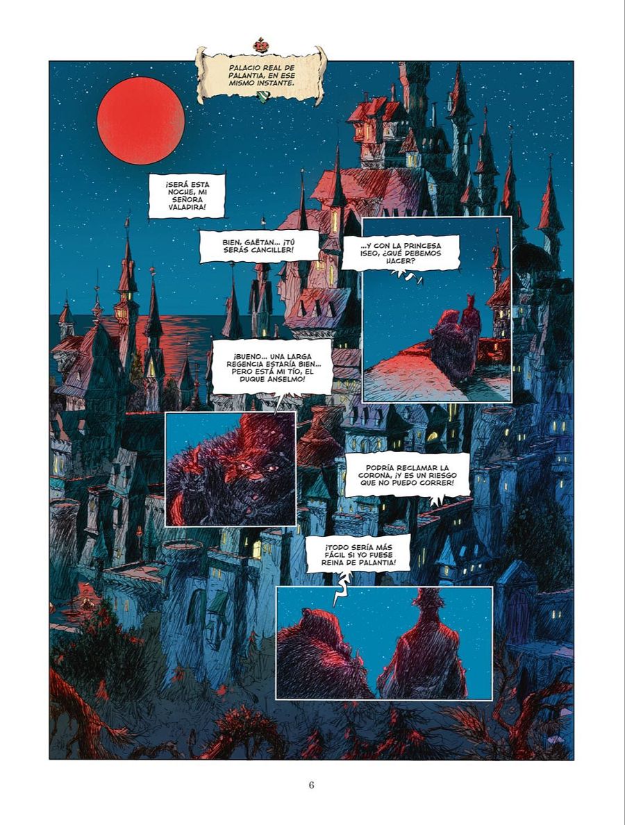 Escena nocturna en un castillo con dos personajes dialogando en una torre y una figura encapuchada con pensamientos ambiciosos.  Bocadillo: 