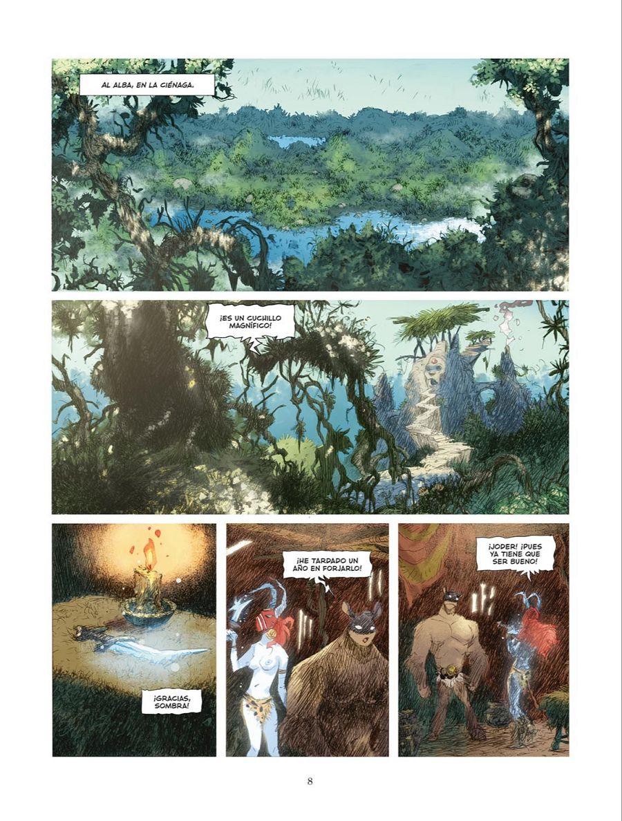 Cinco viñetas de un cómic muestran un paisaje, un camino, una mesa con un cuchillo y una vela, una mujer con cabello rojo y piel azul presentando un cuchillo a un hombre corpulento, y un tercer personaje observando.