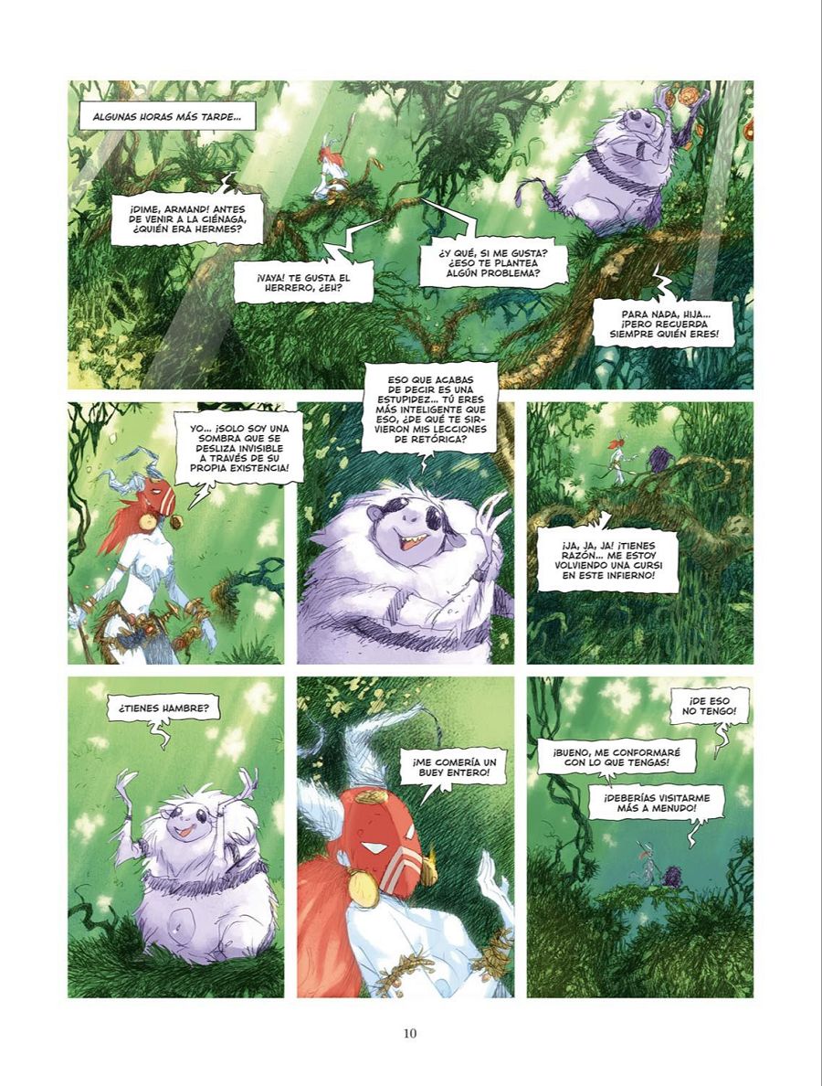 Nueve viñetas de cómic muestran diálogos entre personajes con diseños variados en un escenario selvático; se tratan temas de identidad y preferencias personales.