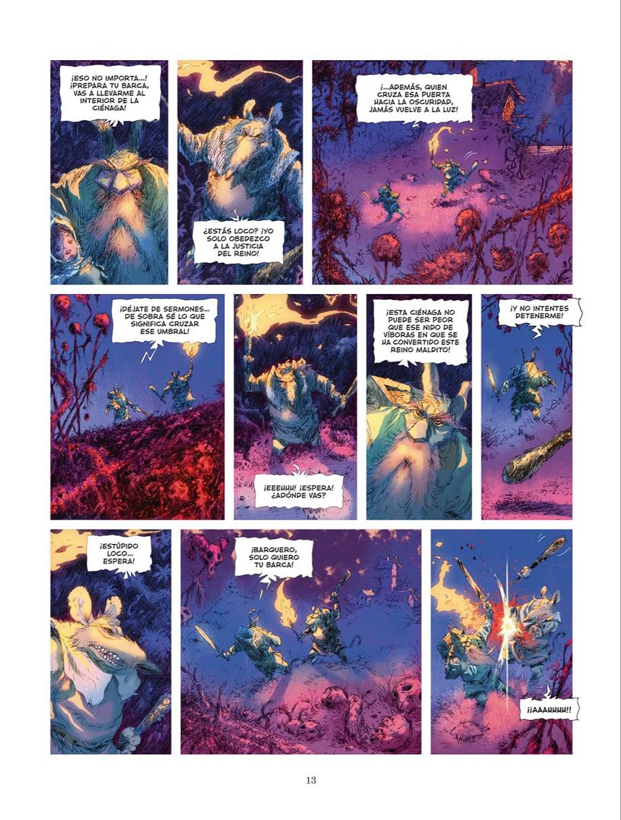 Seis viñetas de un cómic muestran un personaje barbudo decidido a entrar en una ciénaga, ignorando las advertencias de otros. Diálogos tensos entre personajes con diferentes reacciones.