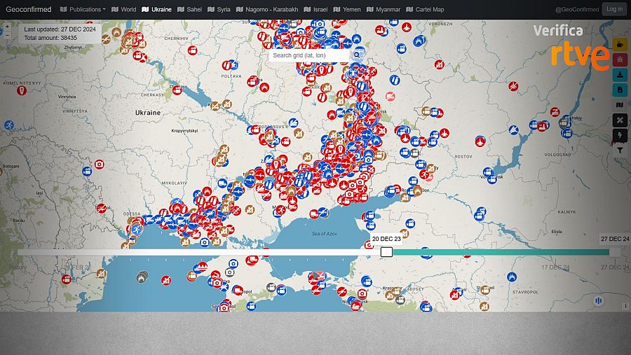 Mapa interactivo de Ucrania con iconos de eventos, filtro temporal y búsqueda por coordenadas.  Colaboración RTVE Verifica y Geoconfirmed. Última actualización: 27 DIC 2024.
