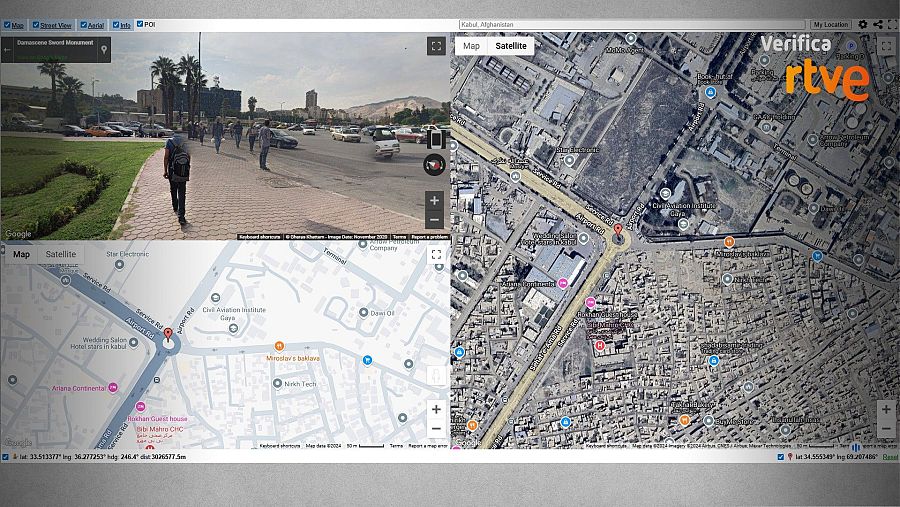 Vista de Dualmaps con Street View, satélite y mapa de calles de una zona.  Se incluyen coordenadas y la marca de agua 'Verifica RTVE'.