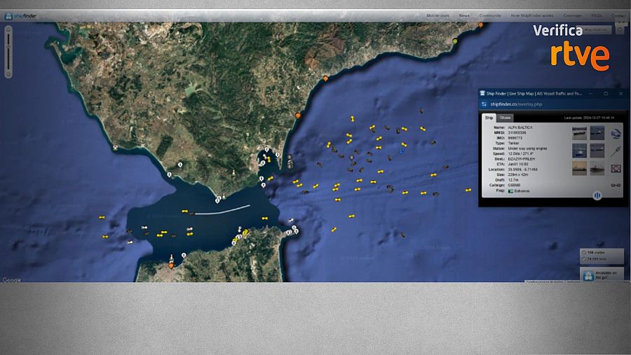 Mapa de barcos en el Estrecho de Gibraltar con información detallada del buque ULTRA BALTICA (tipo, velocidad, ubicación, etc.)  Verificación RTVE.