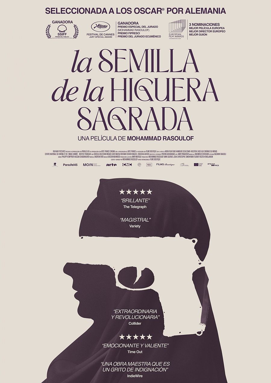 Cartel de cine con silueta oscura y pistola;  premiada en Cannes y nominada a premios europeos; críticas la califican de brillante, magistral y revolucionaria.