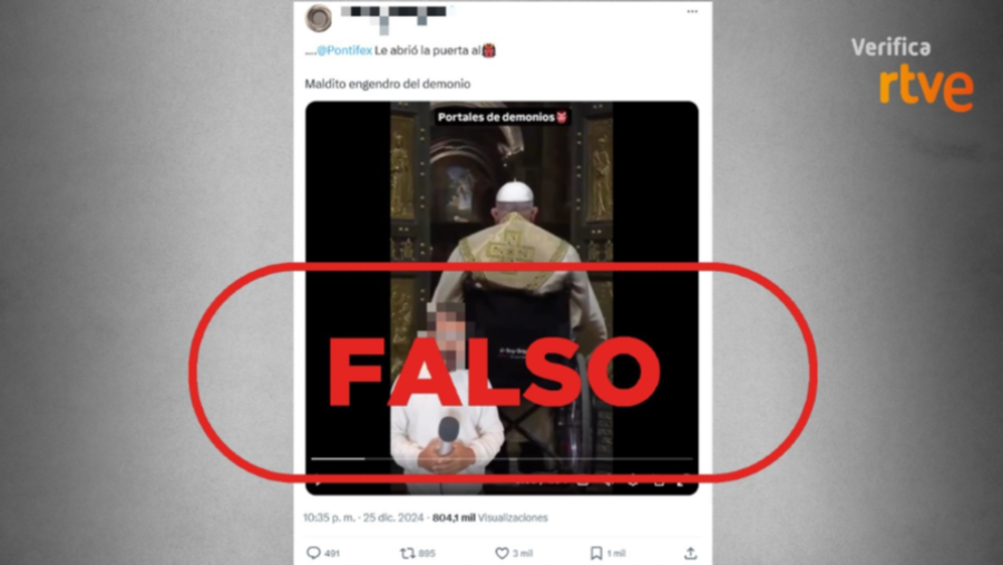 Tuit falso: vídeo manipulado del Papa abriendo una puerta, con texto 
