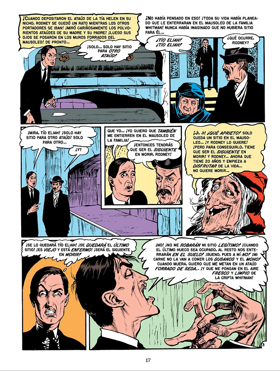 Viñetas de un cómic que muestran un diálogo entre un hombre y su tío sobre la falta de espacio en un mausoleo familiar, generando una situación cómica sobre la muerte y el deseo de ser enterrado en un lugar específico.