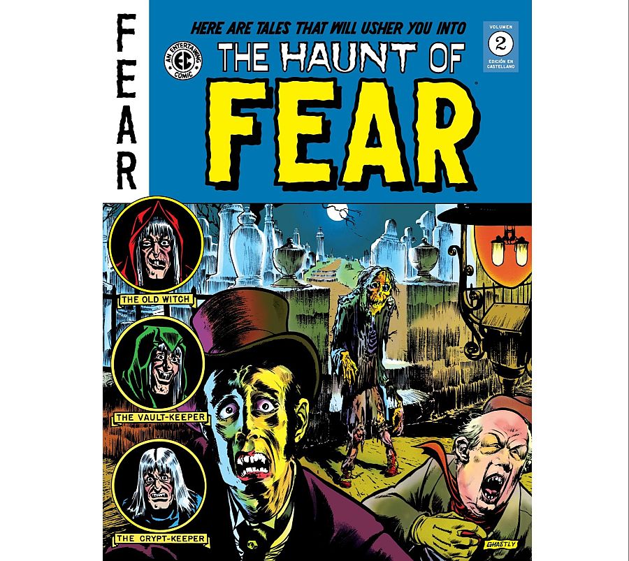 Portada de cómic de terror: escena nocturna en cementerio con personajes espectrales, incluyendo un personaje principal cadavérico con sombrero de copa. Edición en castellano, Vol. 2.