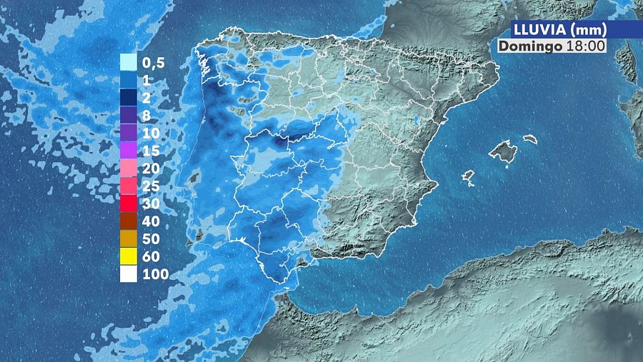 Precipitación prevista para las 18 h del domingo