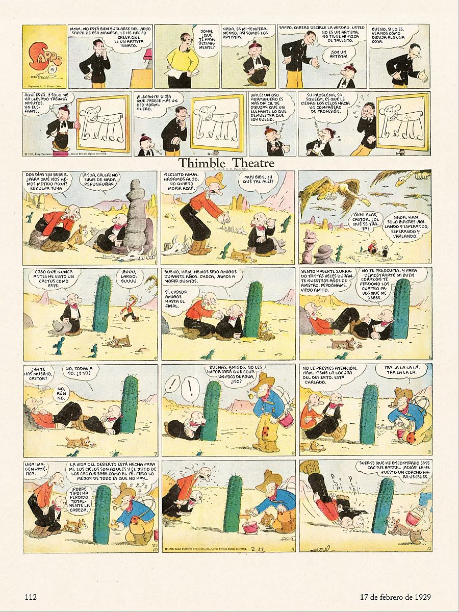 Viñetas de 'Thimble Theatre' (17/02/1929) mostrando dos personajes en un desierto, sedientos y buscando agua.  Humor y supervivencia en el desierto.