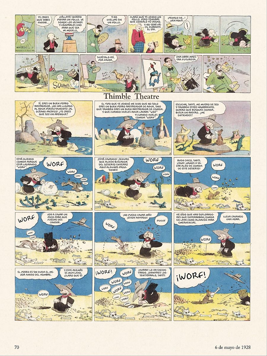 Viñetas de cómic mostrando las aventuras de un personaje y su perro, que incluye pintar, una búsqueda en la playa y una excavación en el desierto para encontrar comida; el perro ladra 