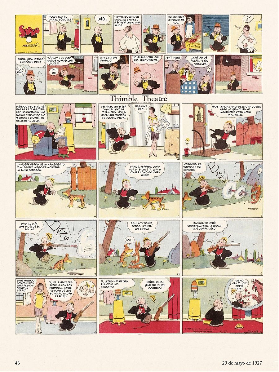 Doce viñetas de un cómic muestran un hombre calvo en diversas situaciones: comiendo, leyendo, disparando un arma, interactuando con una mujer y un perro.  Ambientación doméstica o rural.