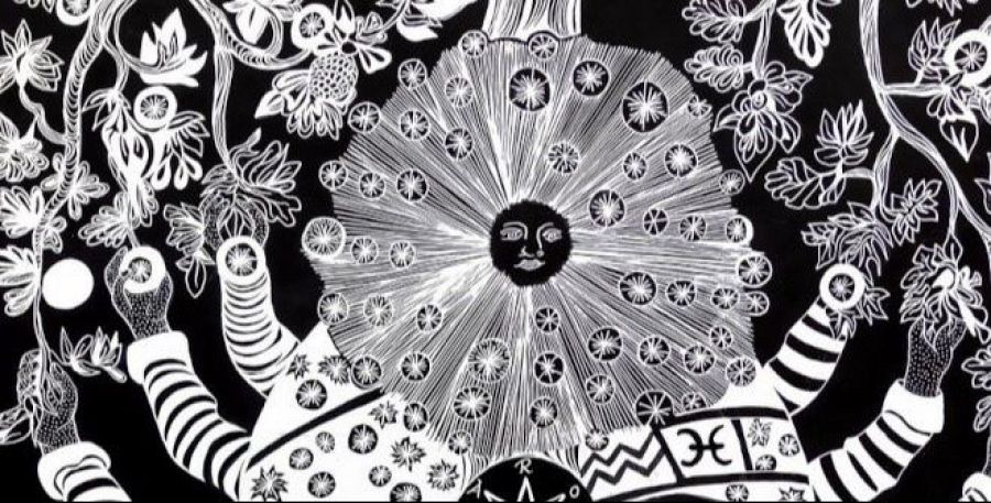 Grabado monocromático con figura humana central sosteniendo frutos, rodeada de símbolos astrológicos y una corona estilizada.  Estilo simétrico y detallado, ideal para personas con discapacidad visual.